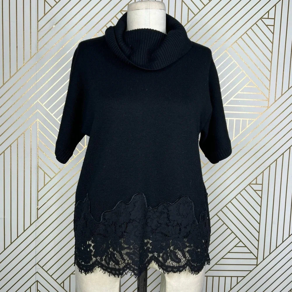 Ramy‎ Brook Black Crochet Lace Hem Wool Turtleneck Sweater Size US Medium